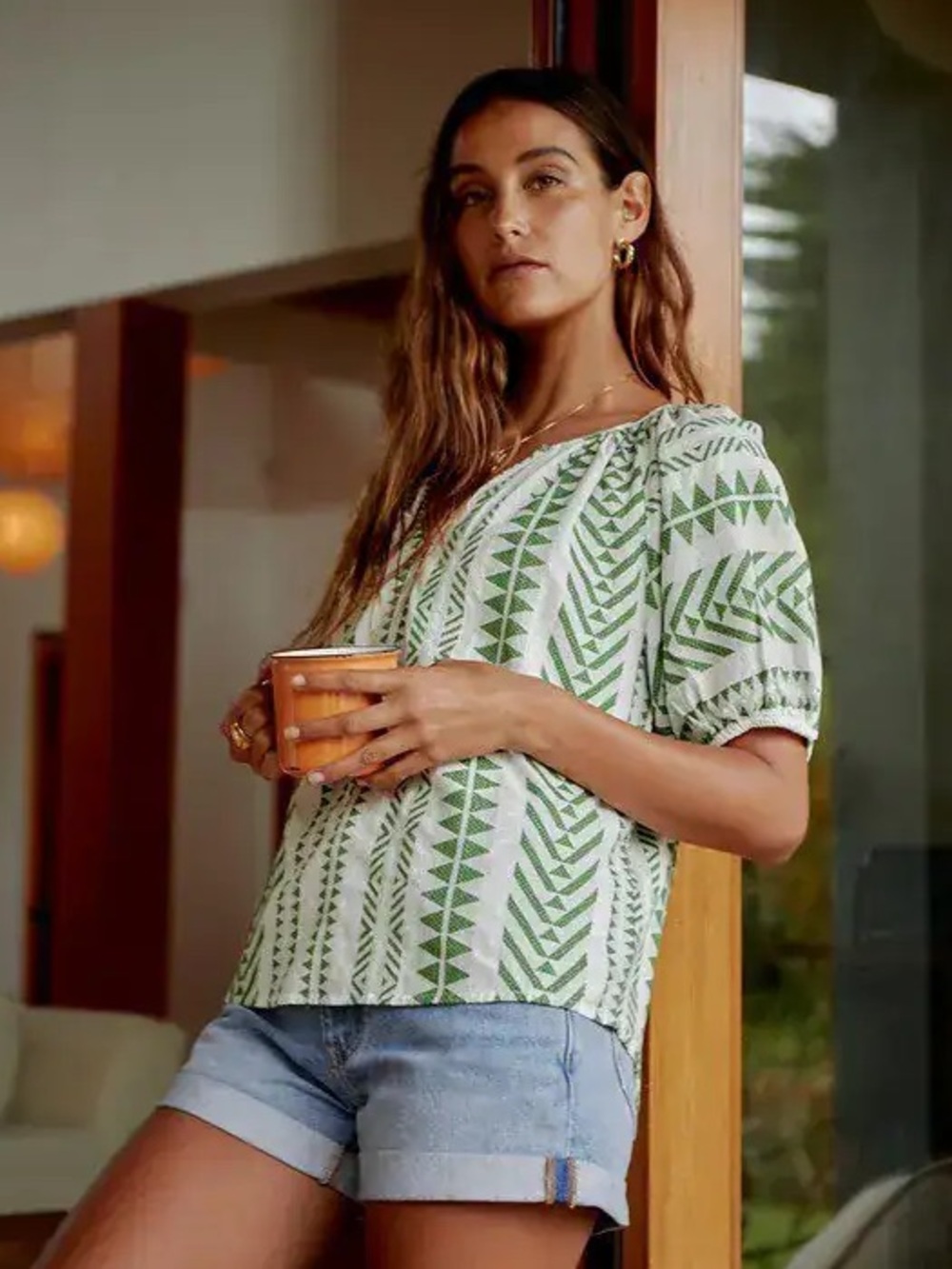 Velvet by Graham & Spencer 100% Cotton Green Puff-Sleeve V-Neck Blouse Top